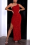 xs-l sequin decor slight stretch high split zip-up sexy elegant maxi dress_Black_Red