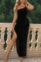 xs-l sequin decor slight stretch high split zip-up sexy elegant maxi dress_Black