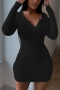 plus size slight stretch 3 colors slim ribbed knit button sexy mini dress_Black