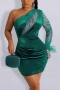 plus size slight stretch velvet rhinestone feather one shoulder sexy mini dress_Dark Green