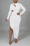 plus size slight stretch shirring hollow zip-up irregular sexy maxi dress_Black_White