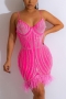 plus size 3 colors rhinestone sling feather decor sexy mini dress_Black_Magenta