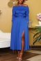 l-3xl plus size 3 colors solid color lace-up slit casual maxi dress_Black_Blue