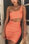 xs-xl slight stretch hollow single shoulder shirring bodycon sexy mini dress_Orange