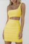 xs-xl slight stretch hollow single shoulder shirring bodycon sexy mini dress_Orange_Yellow