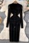three colors stretch knitted lace single-breasted slim stylish midi dress_Black