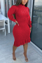 plus size 6 colors twist knitted slight stretch ruffle casual midi dress_Black_White_Rose Red
