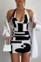plus size slight stretch 3 colors halter slim printing backless sexy mini dress_Black