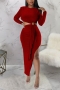plus size 6 colors stretch hollow slit button solid color sexy midi dress_Black_White_Red