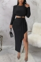 plus size 6 colors stretch hollow slit button solid color sexy midi dress_Black