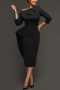 plus size 3 colors stretch three-quarter sleeve irregular stylish midi dress_Black
