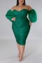 plus size slight stretch 6-colors mesh sequins patchwork zip-up slit strapless sexy midi dress_Black_Dark Green