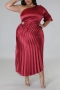 plus size non-stretch solid 5-colors satin one shoulder hollow pleated stylish maxi dress_Black_Dark Green_Red