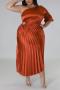 plus size non-stretch solid 5-colors satin one shoulder hollow pleated stylish maxi dress_Black_Dark Green_Red_Orange