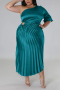 plus size non-stretch solid 5-colors satin one shoulder hollow pleated stylish maxi dress_Black_Dark Green