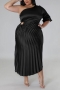 plus size non-stretch solid 5-colors satin one shoulder hollow pleated stylish maxi dress_Black