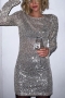 slight stretch simple sequin slim long sleeve sexy mini dress(with lined)_Beige_Silver