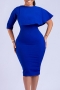 plus size slight stretch solid color slit zip-up simple midi dress_Blue