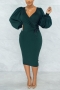 solid color high stretch drawstring v-neck puff long sleeve stylish midi dress_Black_Dark Green