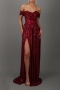 slight stretch 3-colors sequins off-shoulder high slit zip-up sexy maxi dress_Rose Red