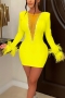 slight stretch 5 colors rhinestone mesh stitching feather decor sexy mini dress_Black_White_Red_Blue_Yellow
