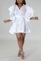 plus size 4 colors slight stretch satin ruffle stylish mini shirtdress with belt_Black_White