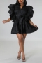 plus size 4 colors slight stretch satin ruffle stylish mini shirtdress with belt_Black