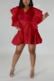 plus size 4 colors slight stretch satin ruffle stylish mini shirtdress with belt_Black_White_Red