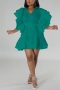 plus size 4 colors slight stretch satin ruffle stylish mini shirtdress with belt_Black_White_Red_Green