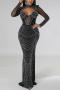 plus size stretch mesh padded rhinestone hollow sexy maxi dress(no underwire)_Black