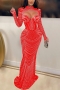plus size stretch mesh padded rhinestone hollow sexy maxi dress(no underwire)_Black_White_Red
