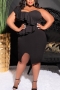 plus size slight stretch 5 colors one shoulder ruffle slit sexy midi dress_Black