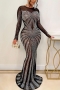 plus size stretch 4 colors mesh rhinestone sexy maxi dress_Black