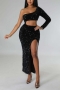 three colors slight stretch sequin hollow one shoulder slit sexy maxi dress_Black