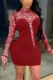 plus size stretch 4 colors rhinestone mesh stitching mini dress_Black_White_Red