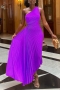 plus size slight stretch one-shoulder hollow pleated stylish maxi dress_Black_White_Purple