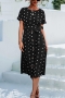 non-stretch polka dot batch printing single breasted belt casual midi dress_Black