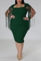 plus size slight stretch solid zip-up tassel slit padded stylish midi dress_Black_Dark Green
