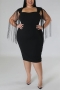 plus size slight stretch solid zip-up tassel slit padded stylish midi dress_Black