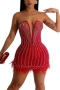 plus size slight stretch pearl rhinestone underwire see-through sexy mini dress_Black_White_Red