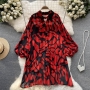 inelastic irregular batch printing lapel cutout casual blouses_Red