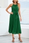 plus size slight stretch 5 colors solid color belt pleated stylish midi dress_Black_White_Magenta_Green