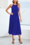 plus size slight stretch 5 colors solid color belt pleated stylish midi dress_Black_White_Magenta_Green_Sea Blue