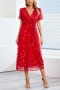 plus size slight stretch v neck mesh embroidery sequins belt elegant midi dress_White_Red