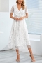 plus size slight stretch v neck mesh embroidery sequins belt elegant midi dress_White