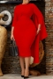 plus size slight stretch 3 colors three quarter sleeve slit classic midi dress_White_Red