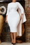 plus size slight stretch 3 colors three quarter sleeve slit classic midi dress_White