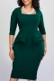 plus size slight stretch 4 colors square neck fake pockets classic midi dress_Dark Green
