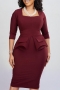 plus size slight stretch 4 colors square neck fake pockets classic midi dress_Dark Green_Rose Red