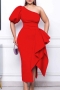 casual plus size slight stretch one shoulder slit zip-up simple midi dress_White_Red